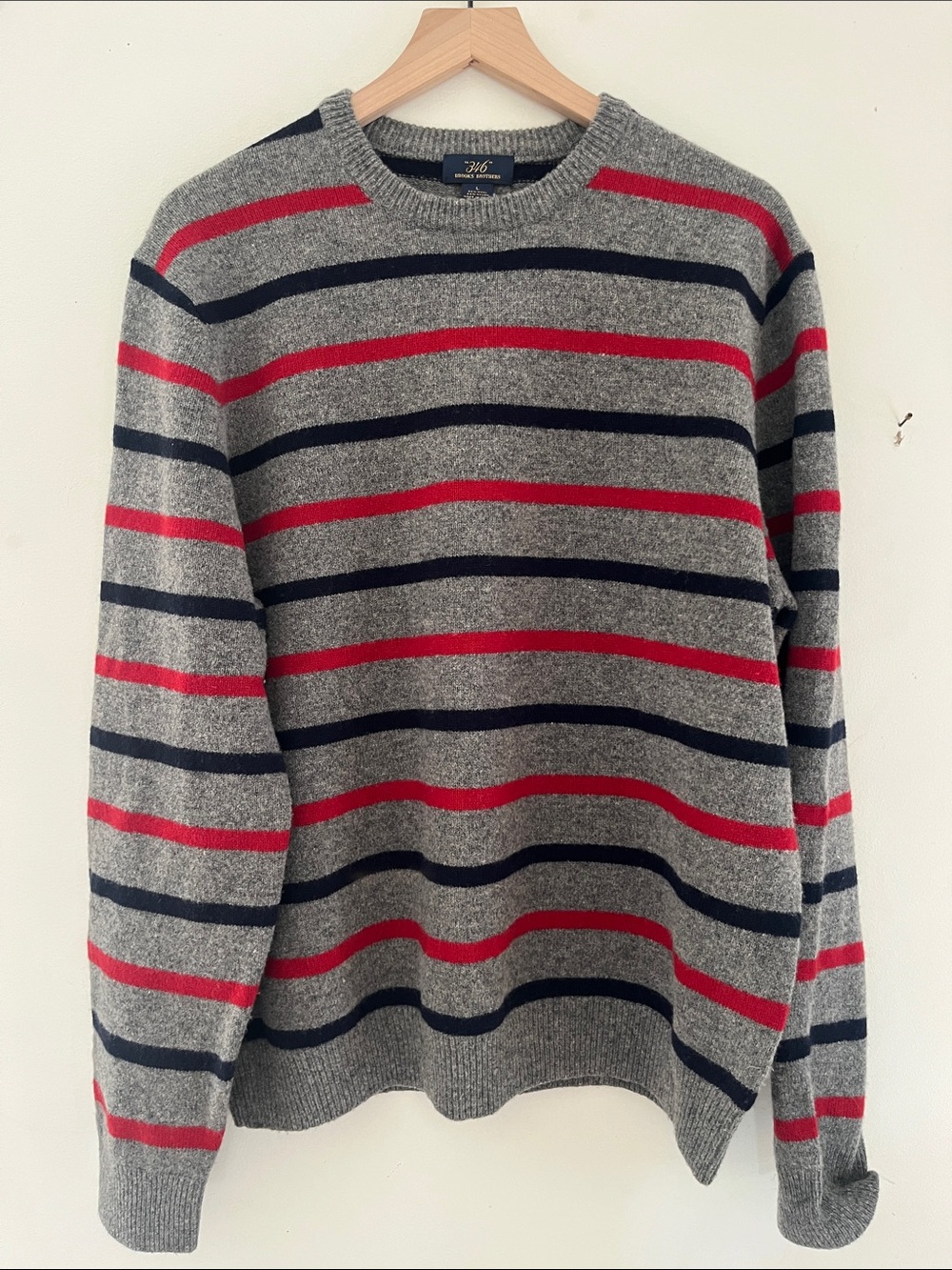 Brooks Brothers 346 Wool Grey Crewneck Sweater with Red & Navy Stripes